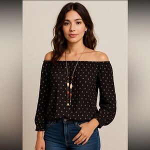 Ann Taylor LOFT Womens Black Polka Dot Off Shoulder Long Sleeve Blouse XS Boho